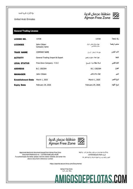 Licença comercial para impressão nos Emirados Árabes Unidos Ajman Word e modelo PDF